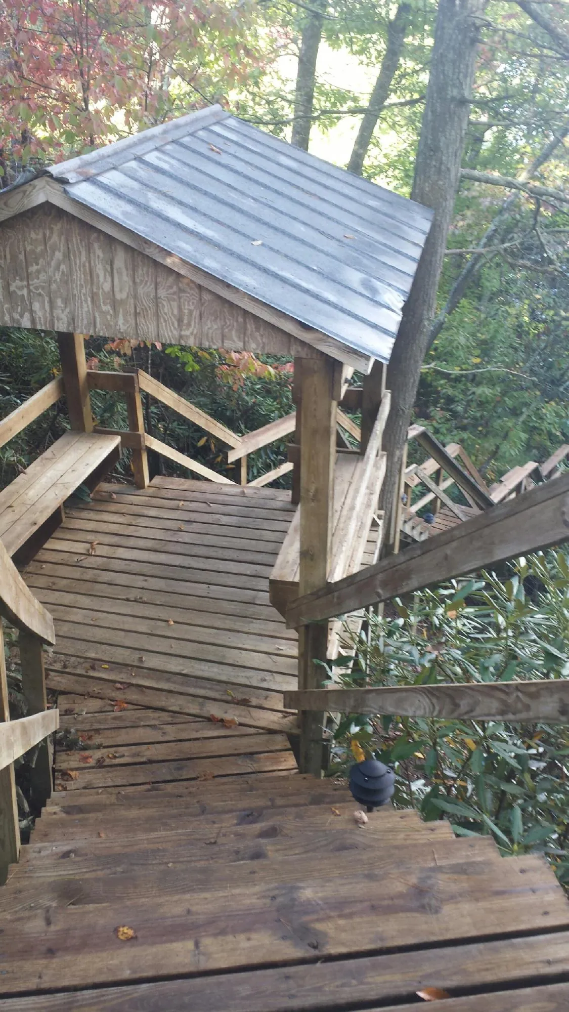 Metal roofed shelter over wooden steps on a wooded walkway — Skylight Repair & Installation work by our crew in Mineral